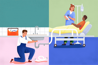 Illustration av en manlig hantverkare som reparerar avlopp och en kvinnlig sjuksköterska som tar hand om en patient på en brits