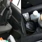 Bilder från en stökig bil där mat och medicin ligger om vartannat.