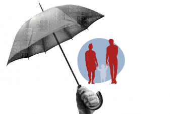 Illustration som visar hur ett paraply hålls över föräldrar och barn som skydd