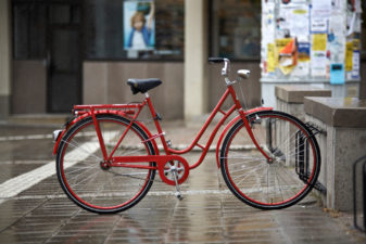 Red bike in city environment