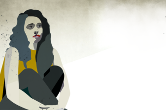 Illustration av en dyster kvinna som sitter ihopkrupen mot en vägg