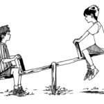 Illustration av två pojkar som sitter på en gungbräda som symbol för ojämlikhet