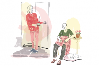 Illustration boende och personal inom äldreomsorg.