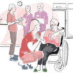 Illustration av personal inom äldreomsorgen.