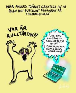 En illustration med rubriken "När Anders tjänst ersattes av AI blev det plötsligt förvirrat på fredagsfikat. Under rubriken står en frustrerad gubbe och säger "Var är rulltårtan" och datorn svarar "Jag har tillgång till 528 648 736 recept. Önskar du dem på mail eller utskrivna".